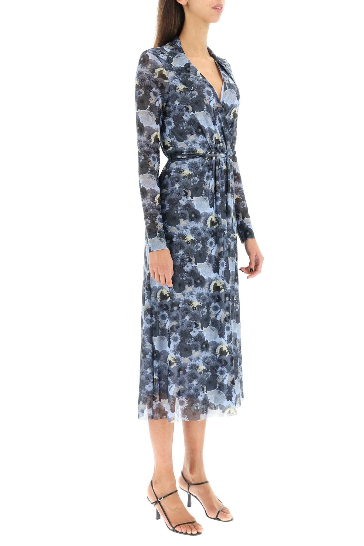 Ganni Floral Mesh Midi Dress   Blue