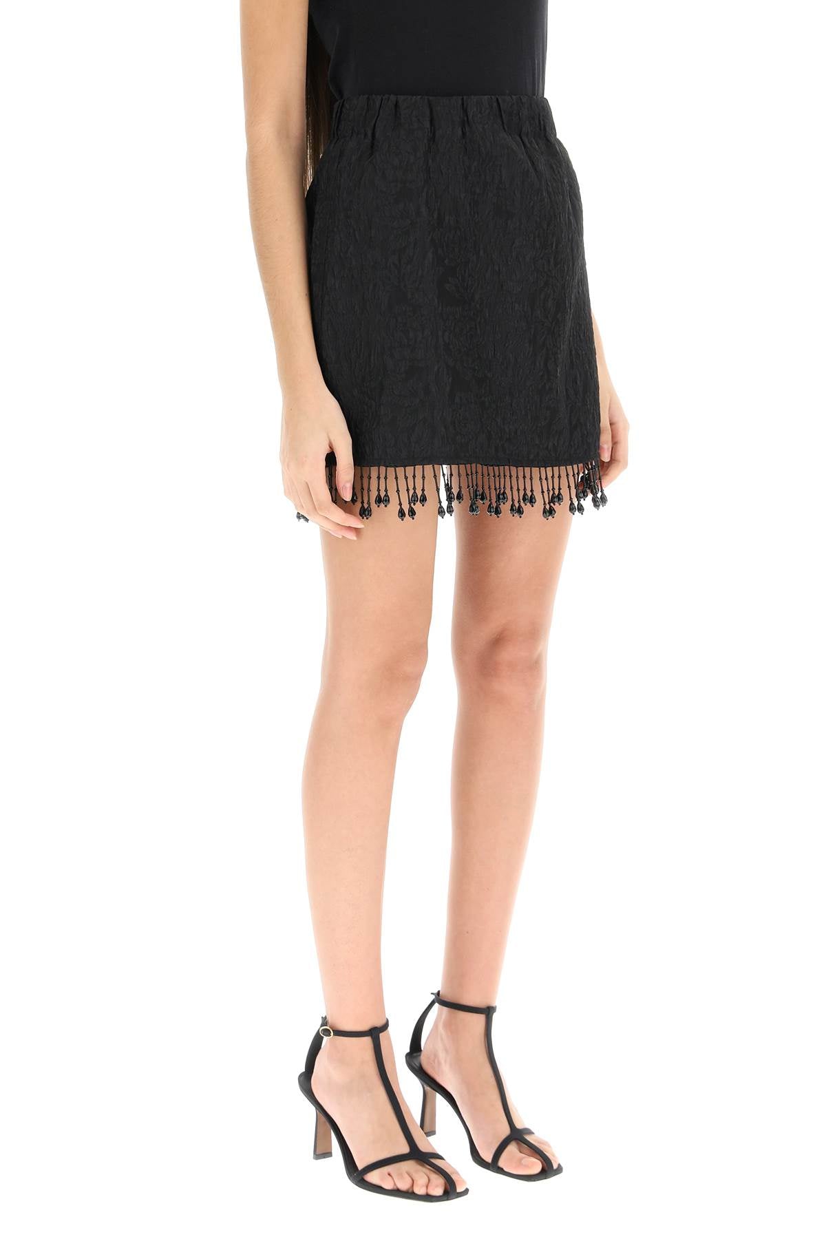 Ganni Jacquard Mini Skirt With Bead Fringes   Black