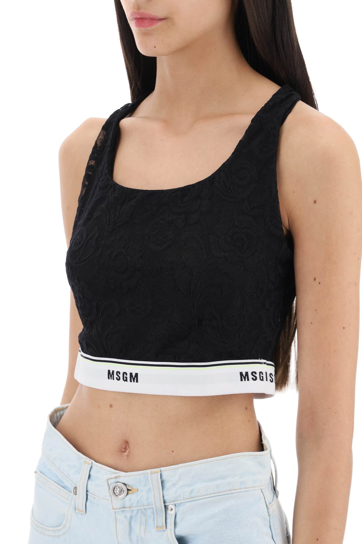 Msgm Sports Bra In Lace With Logoed Band   Black