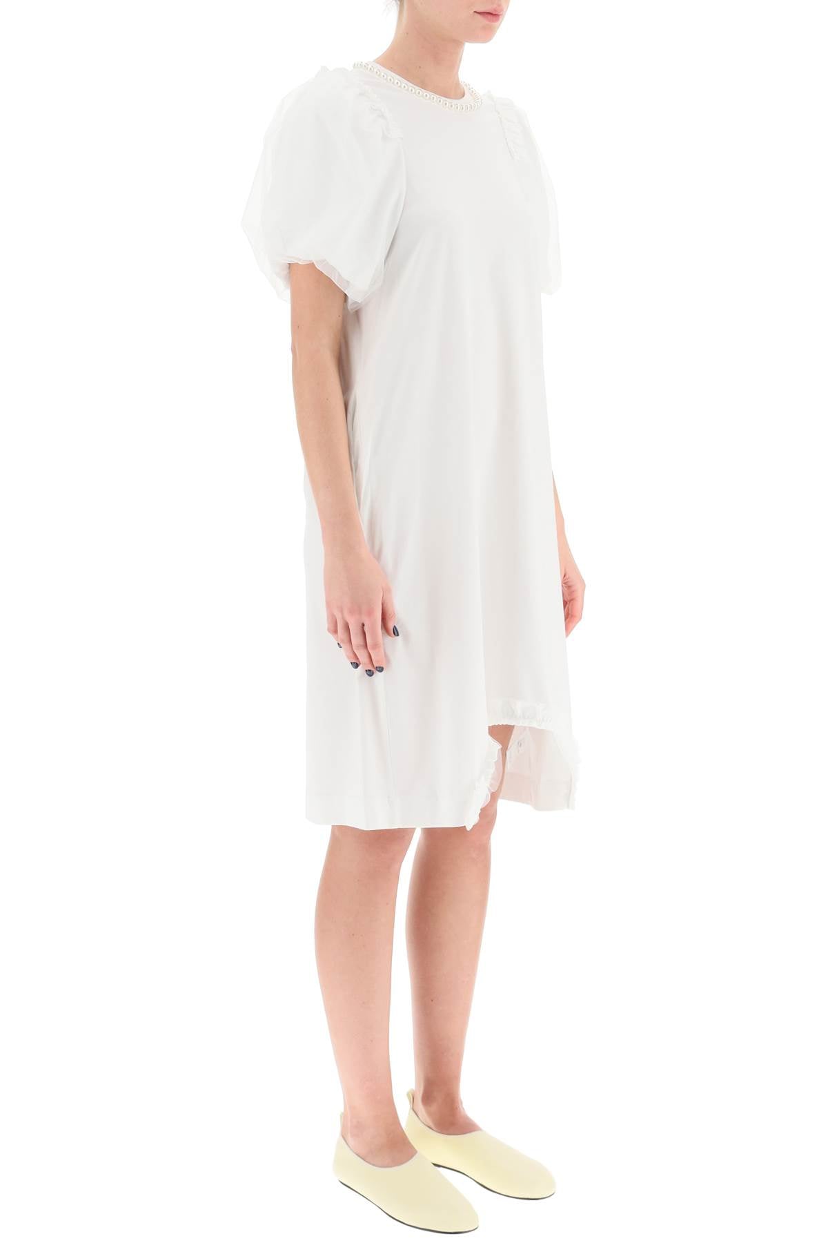 Simone Rocha Cotton Dress With Tulle Sleeves And Pearls   White