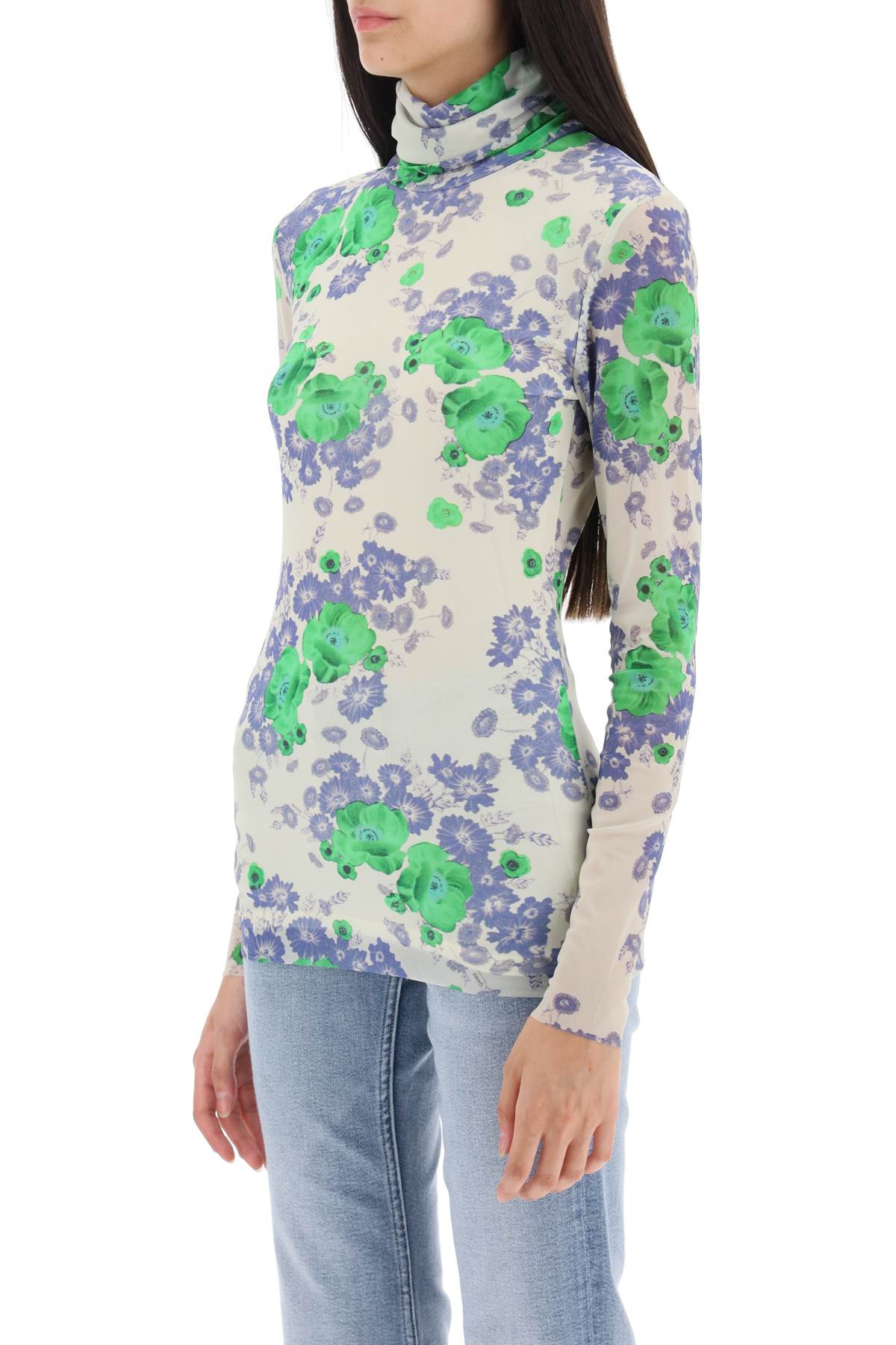 Ganni Long Sleeved Top In Mesh With Floral Pattern   White