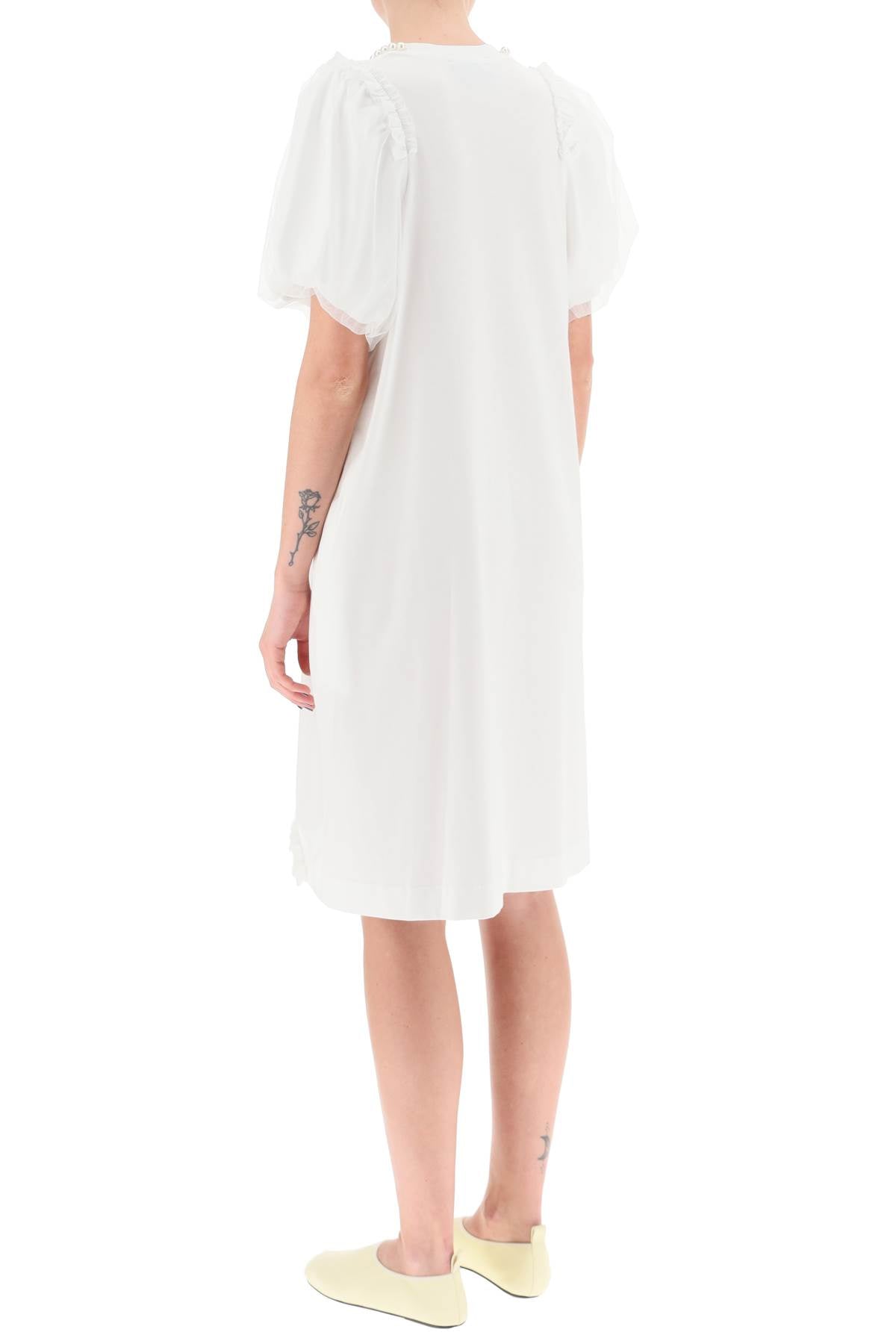 Simone Rocha Cotton Dress With Tulle Sleeves And Pearls   White