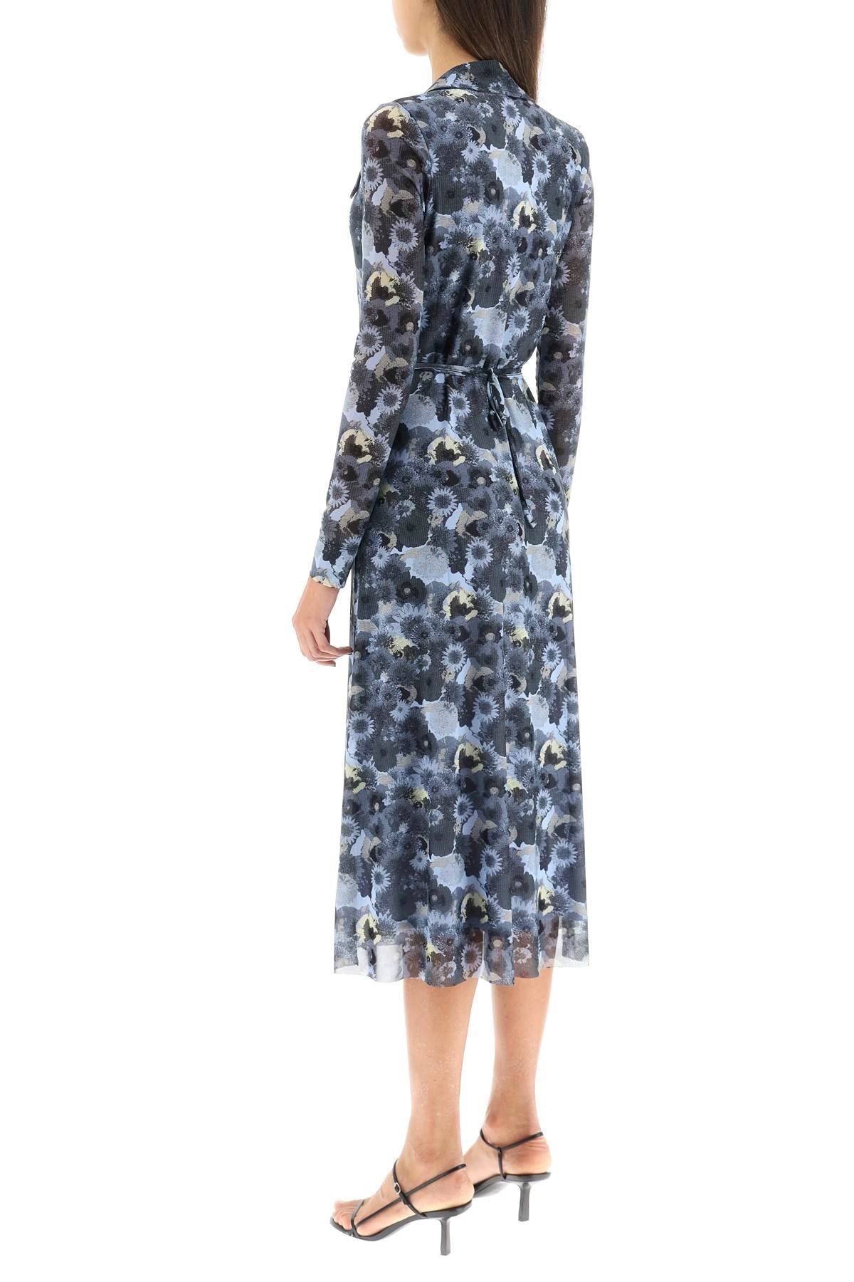 Ganni Floral Mesh Midi Dress   Blue