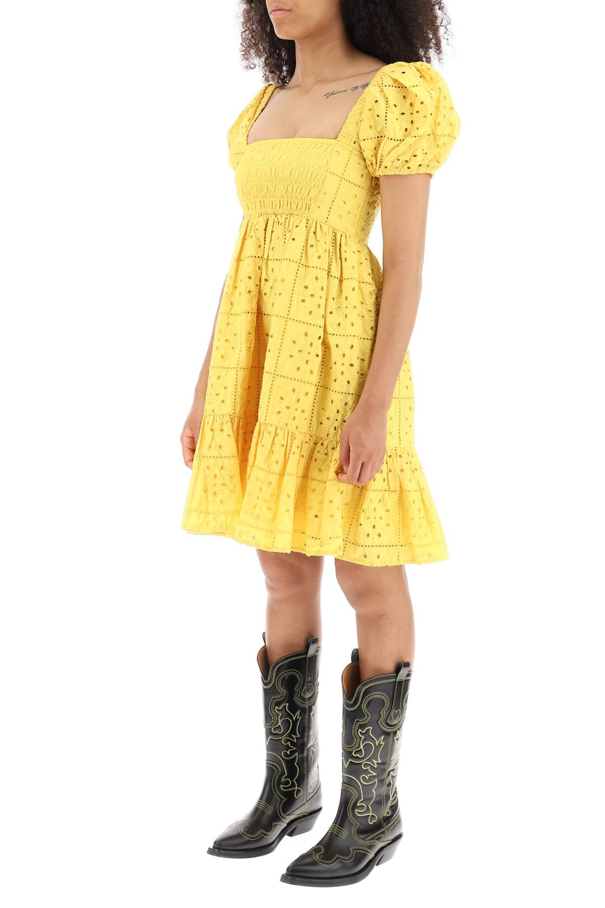 Ganni Broderie Mini Dress   Yellow