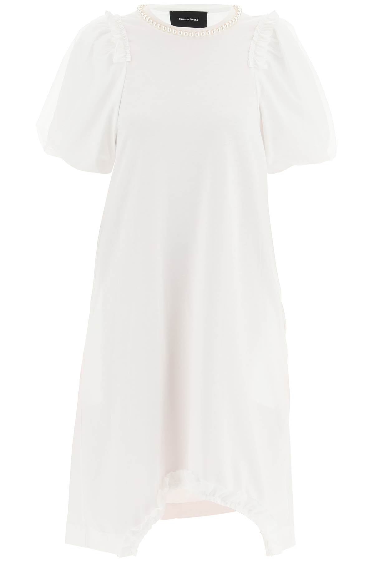 Simone Rocha Cotton Dress With Tulle Sleeves And Pearls   White