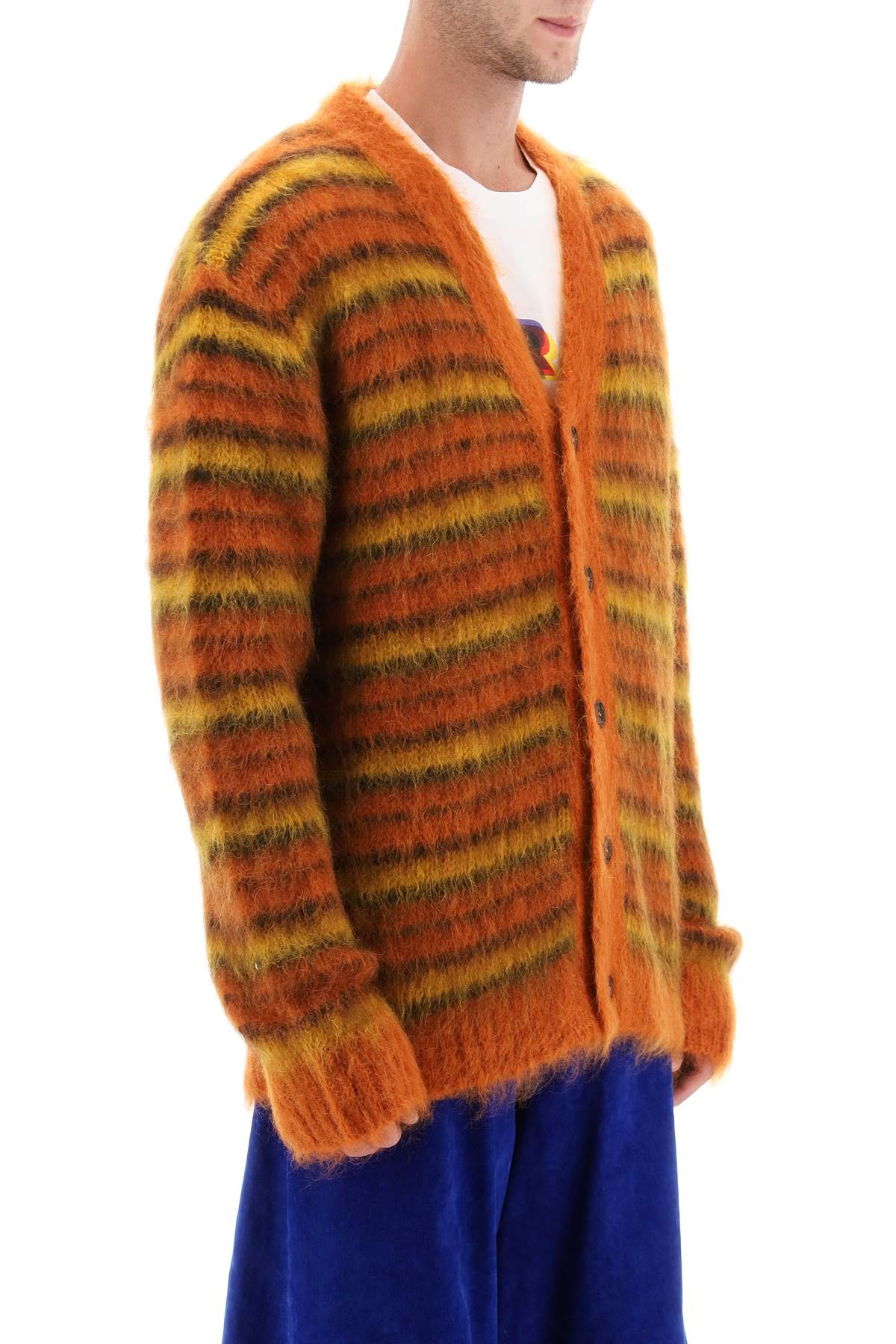 Marni Cardigan In Striped Brushed Mohair   Orange