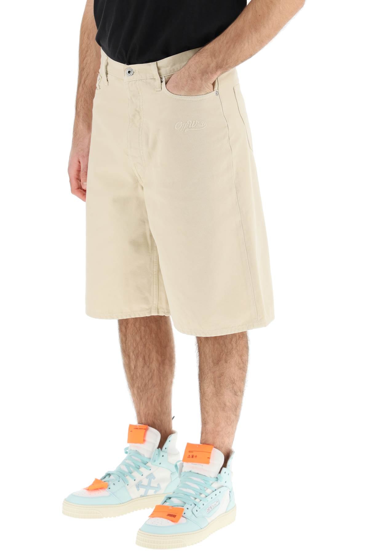 Off White Cotton Utility Bermuda Shorts   Beige