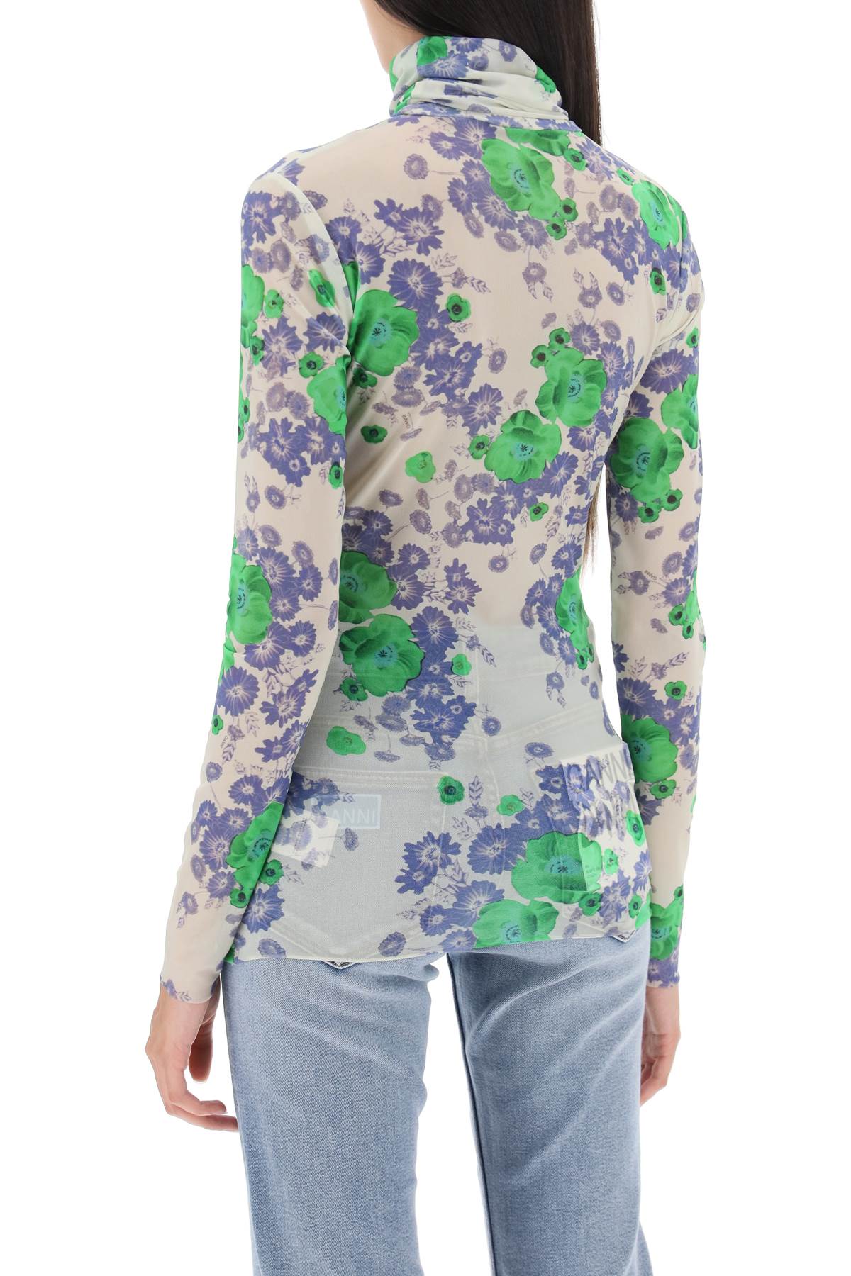 Ganni Long Sleeved Top In Mesh With Floral Pattern   White