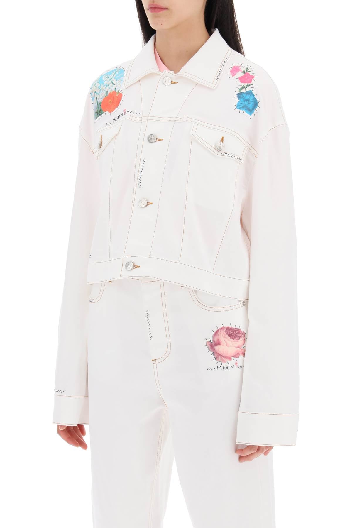 Marni "cropped denim jacket with flower patches and embroidery"