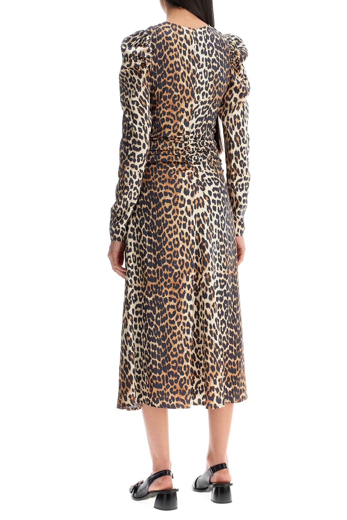 Ganni "animal print satin midi dress"