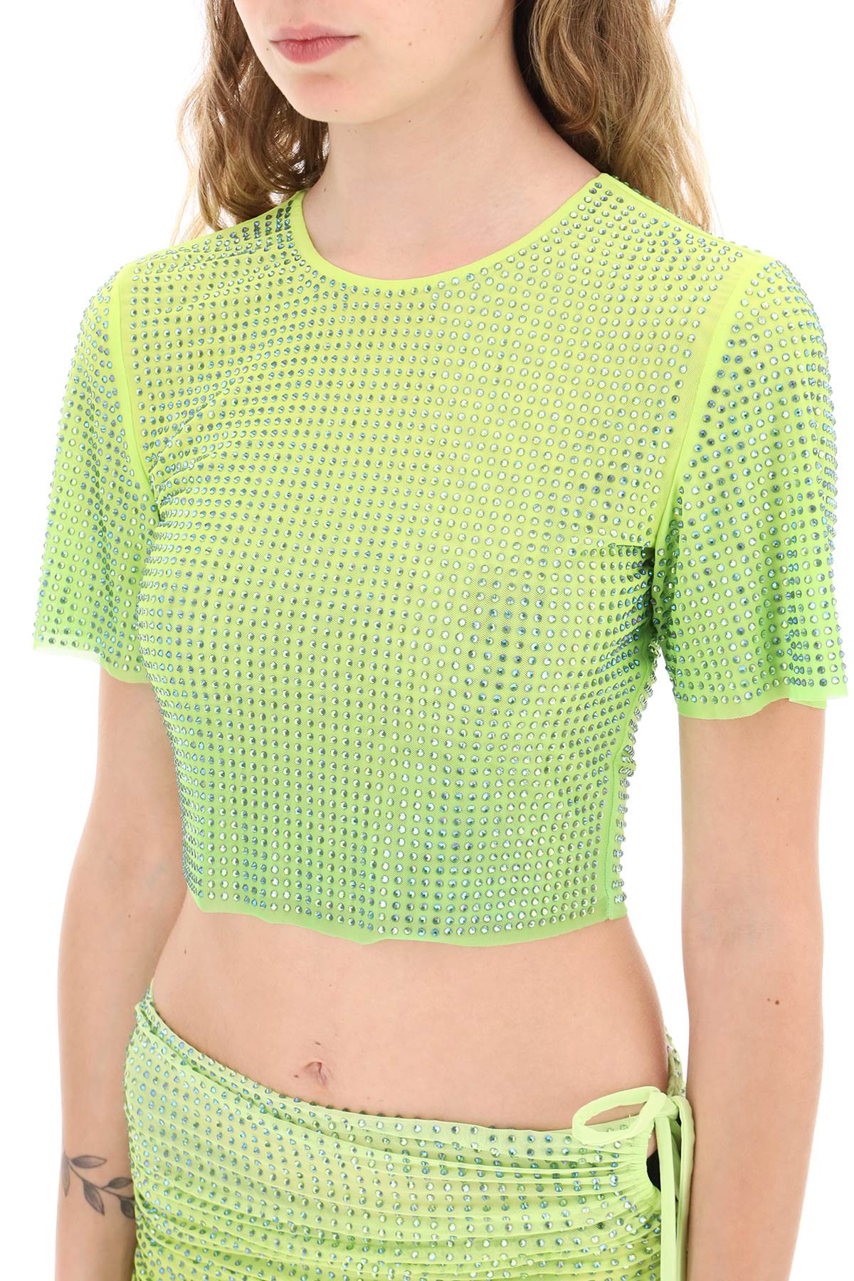 Self portrait cropped top in mesh with crystals all-over