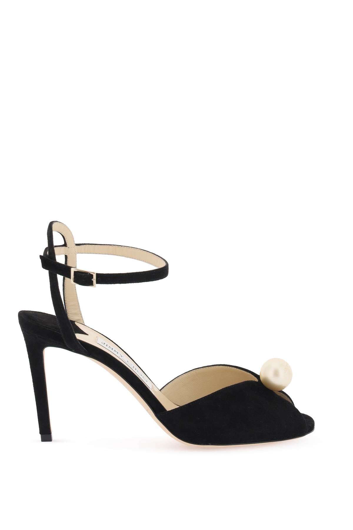 Jimmy choo sacora 85 suede sandals with pearl ball