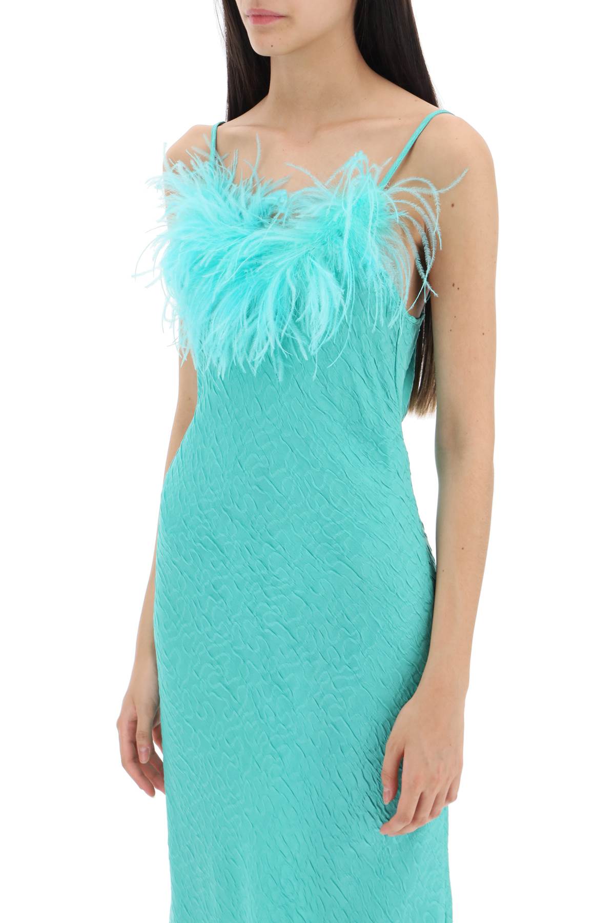 Art dealer 'ella' maxi slip dress in jacquard satin with feathers